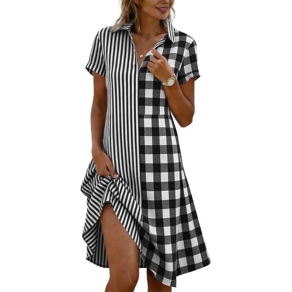 Iyufng Womens Dresses Checkered Patchwork Dress Summer Casual Loose-Fit Midi Dress