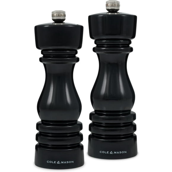 Cole & Mason London Salt & Pepper Mill Gift Set – Manual, Refillable Salt Mill with Ceramic Mechanism & Pepper Mill with Carbon Steel Mechanism – 18 cm / 7", Black Gloss
