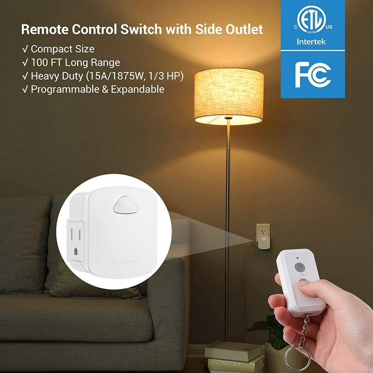 DEWENWILS Remote Control Outlet Plug Wireless On Off Power Switch,  Programmable Remote Light Switch Kit, 100ft RF Range, Compact Design, ETL  Listed