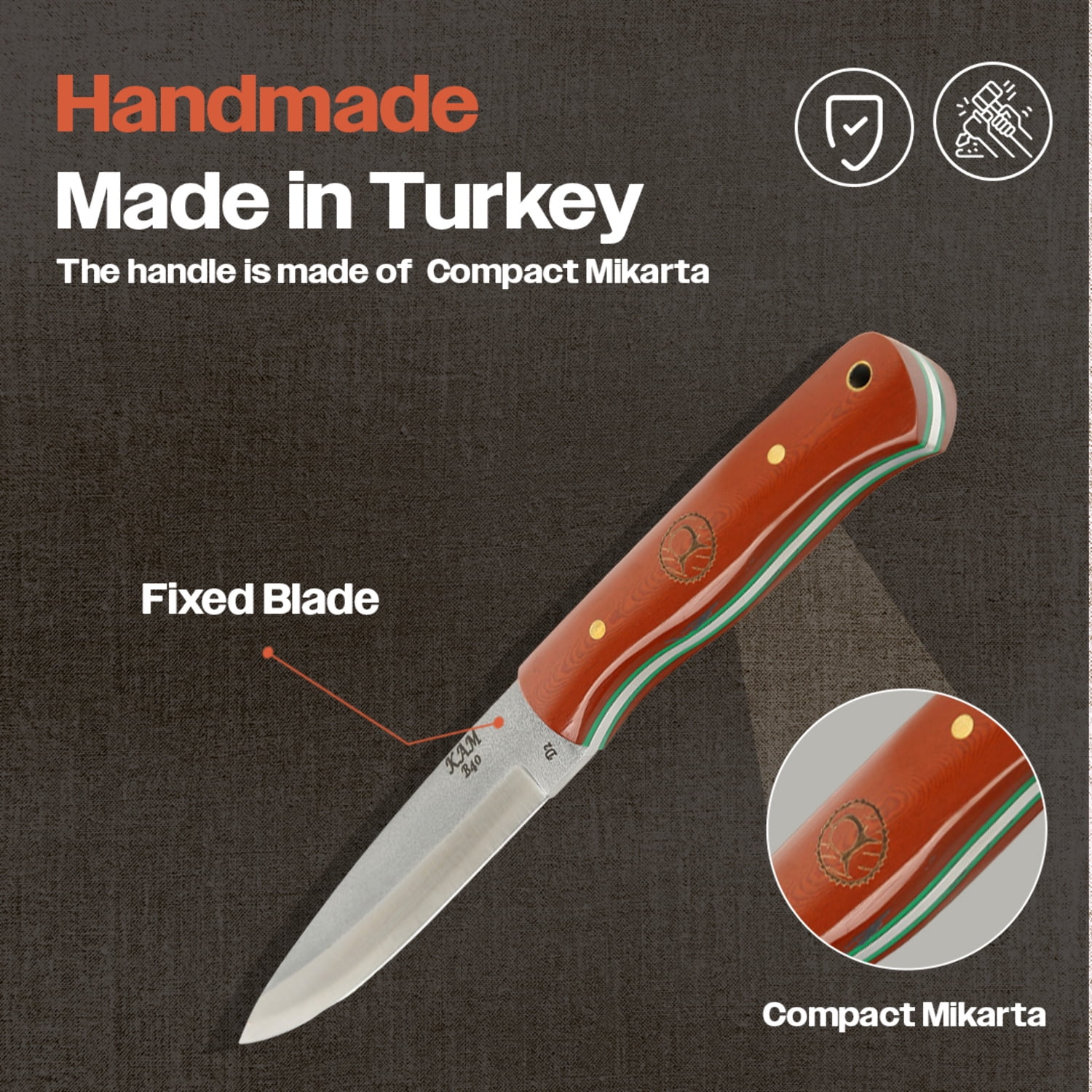 Kam Knife - B40 D2 Steel Red and Brown Handle Fixed Blade