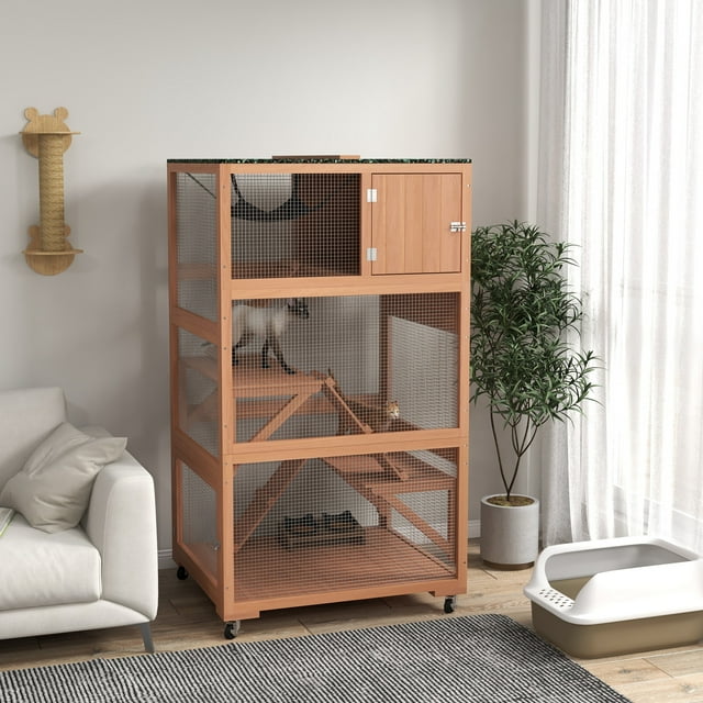 PawHut Catio Maison pour Chat d'Extérieur de 34 Pouces L sur Roulettes avec Plateformes Hamac, Orange