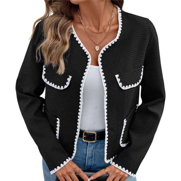 Cárdigan Corto de Otoño para Mujer, Chaqueta de Punto Informal con Cuello en V y Larga. Negro M