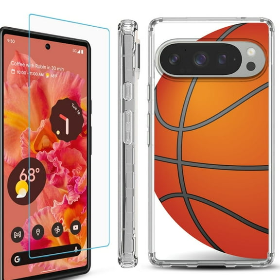 For Google Pixel 9 / 9 Pro Phone Case Cover, Shockproof Bumper Case with Tempered Glass Screen Protector, by OneToughShield - Basketball