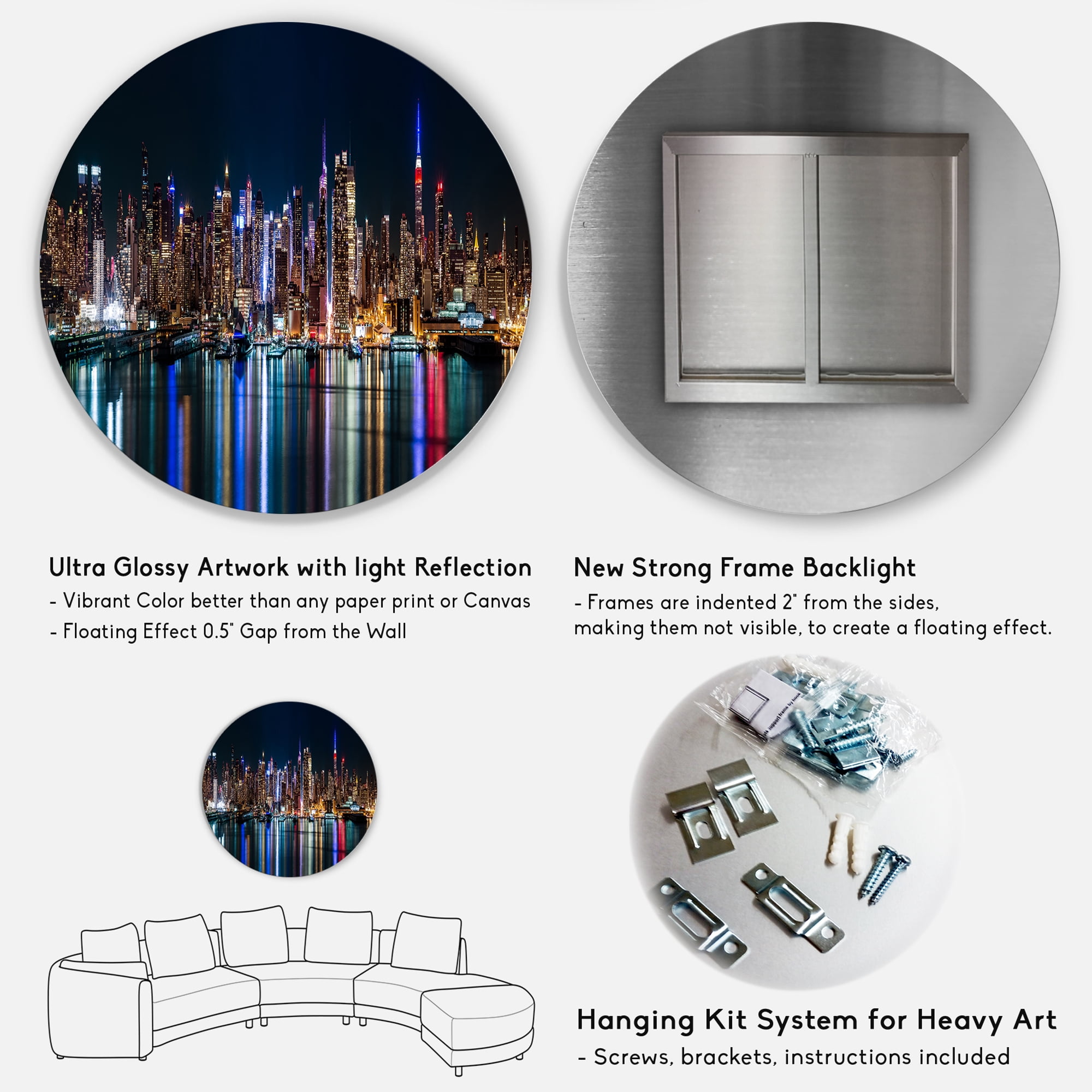 Designart New York Midtown Night Panorama' Extra Large Metal Circle Wall Art