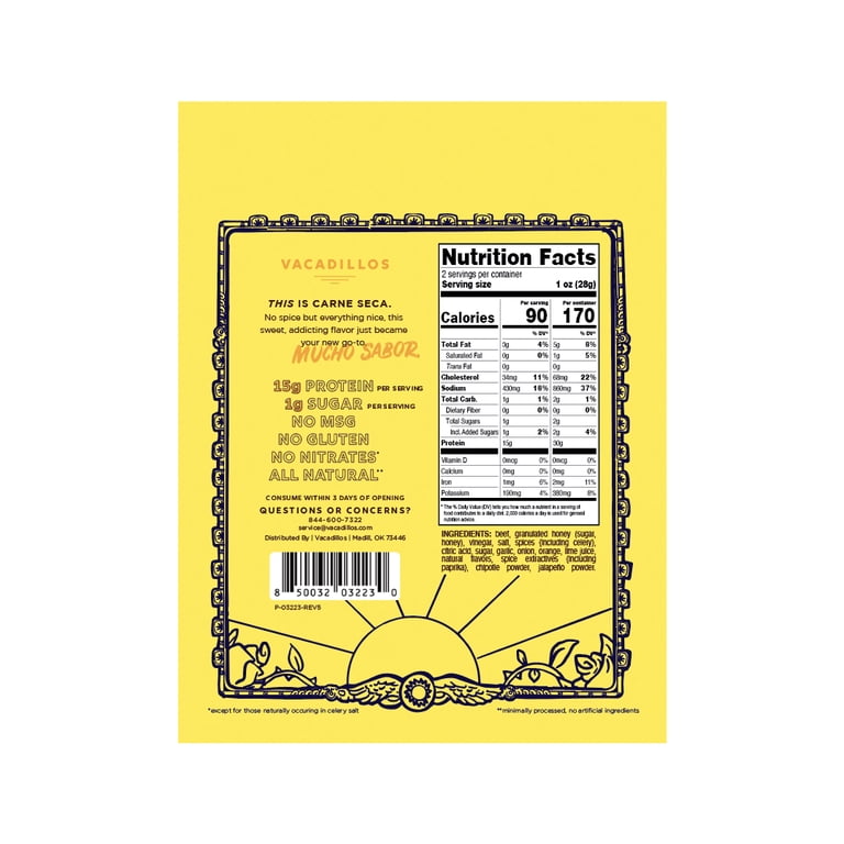 Vacadillos Chipotle Honey Carne Seca – Smoky, Sweet Jerky Snack, 2 Oz