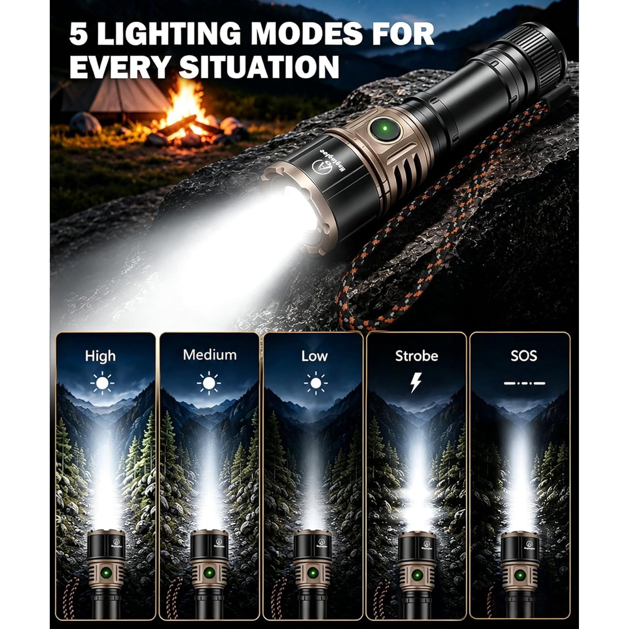 Flashlight Rechargeable, 5000 Lumens Tactical Flashlight with Ignition Lens, 5 Modes IP65 Water Resistant Flashlights for Home, Camping, Power Outages