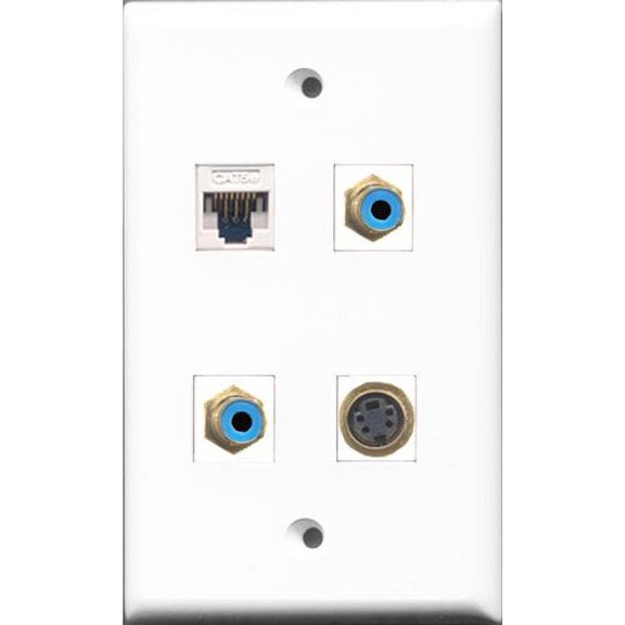 RiteAV - 2 Port RCA Blue and 1 Port S-Video and 1 Port Cat5e Ethernet White Wall Plate