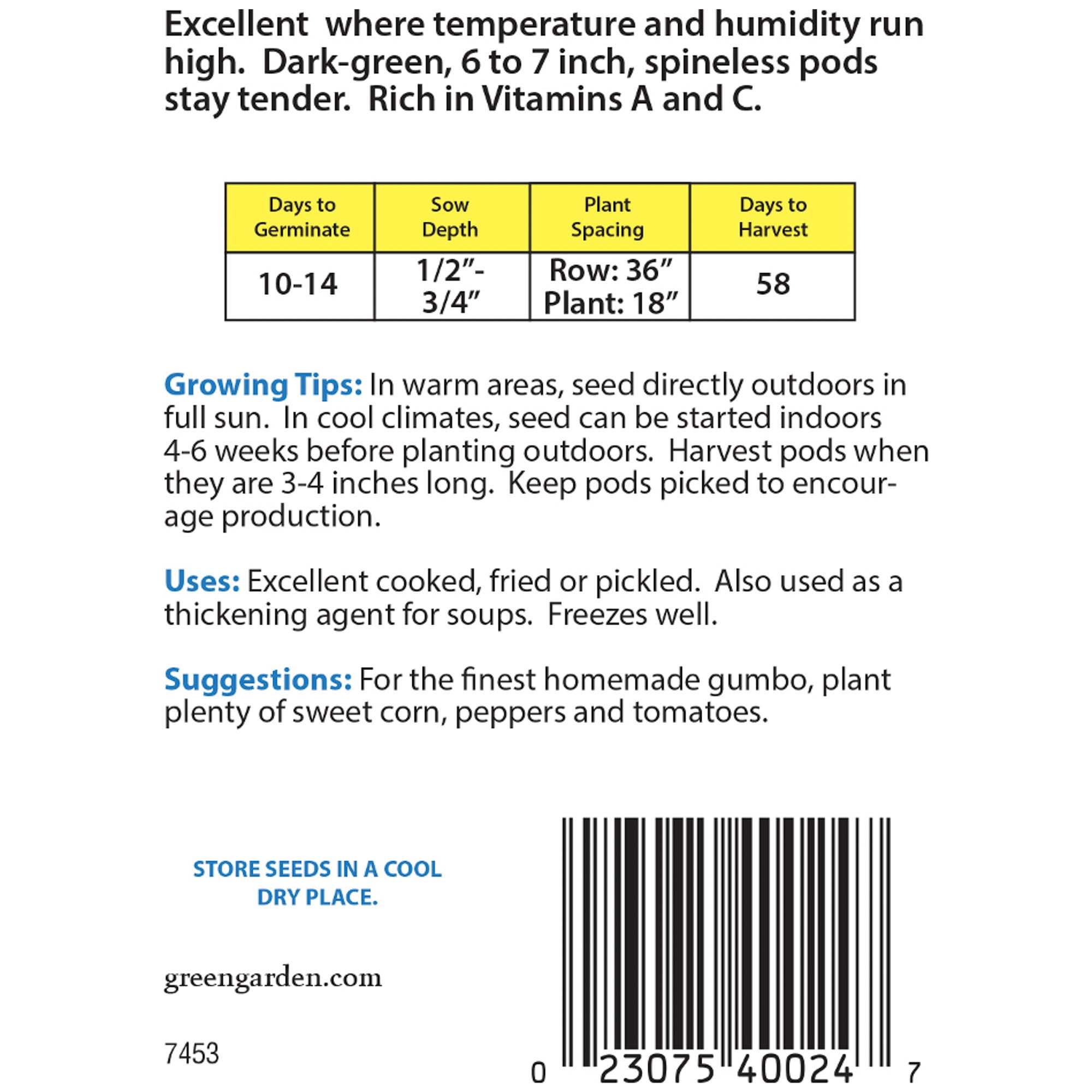 American Seed Okra Louisiana Green Velvet Annual Vegetable Seeds Full Sun