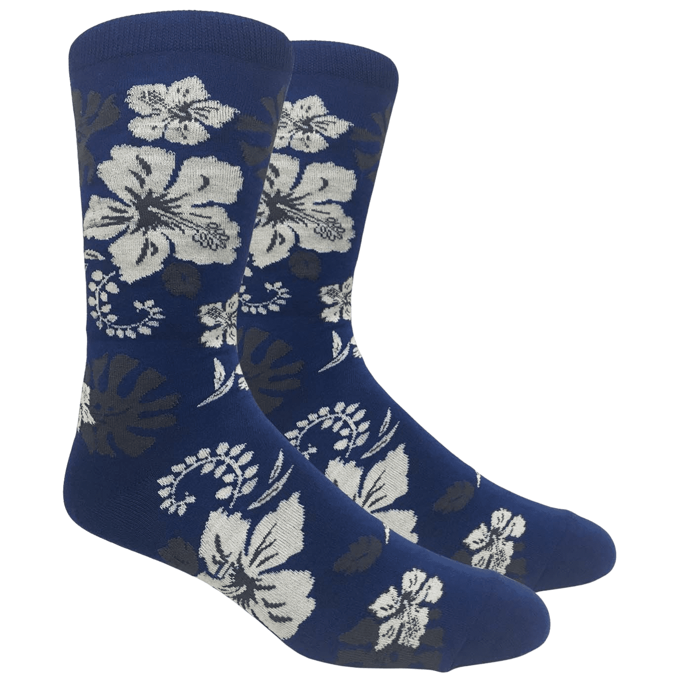 Fine Fit Fun Crew Novelty Dress Casual Sock Hawaiian Floral Hibiscus Aloha Navy Body