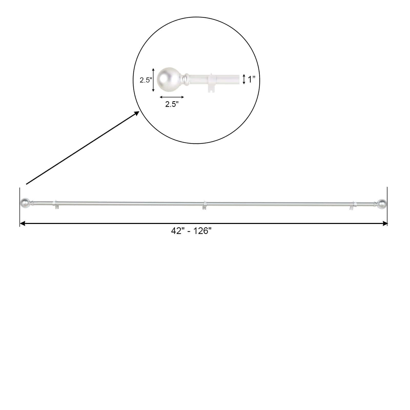 Efavormart 1 Pack of 42"-126" Adjustable Silver Curtain Rod Sets Round Finials Decorative Rod for Window Treatment Looks with Classic Finishing