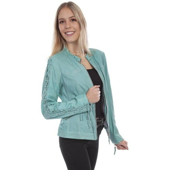 Laced Sleeve Leather Jacket for Womens, Blue River - Extra Large