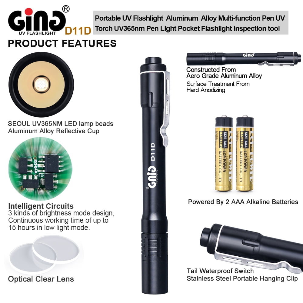 GING UV FLASHLIGHT 365nm Pen LED UV Light Pocket Light Black Light UV Torch AAA Battery for Glue,Pet Urine, Counterfeit Money, Resin… (D11-365nm)…