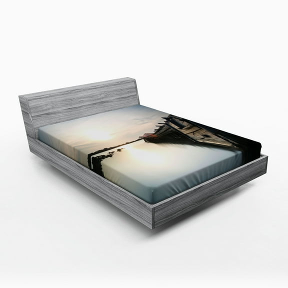 Ambesonne Nautical Fitted Sheet, Sinking Boat Sunset, Queen Size, Pale Blue Brown