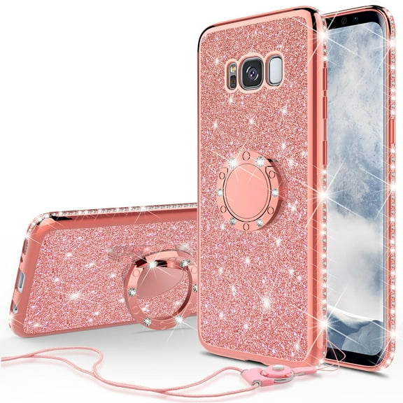 Galaxy S8 Plus Case, Cute Glitter Bumper Ring Kickstand, Girls Women Sparkly Bling Soft Protective Phone Case for Samsung Galaxy S8 Plus Case - Rose Gold