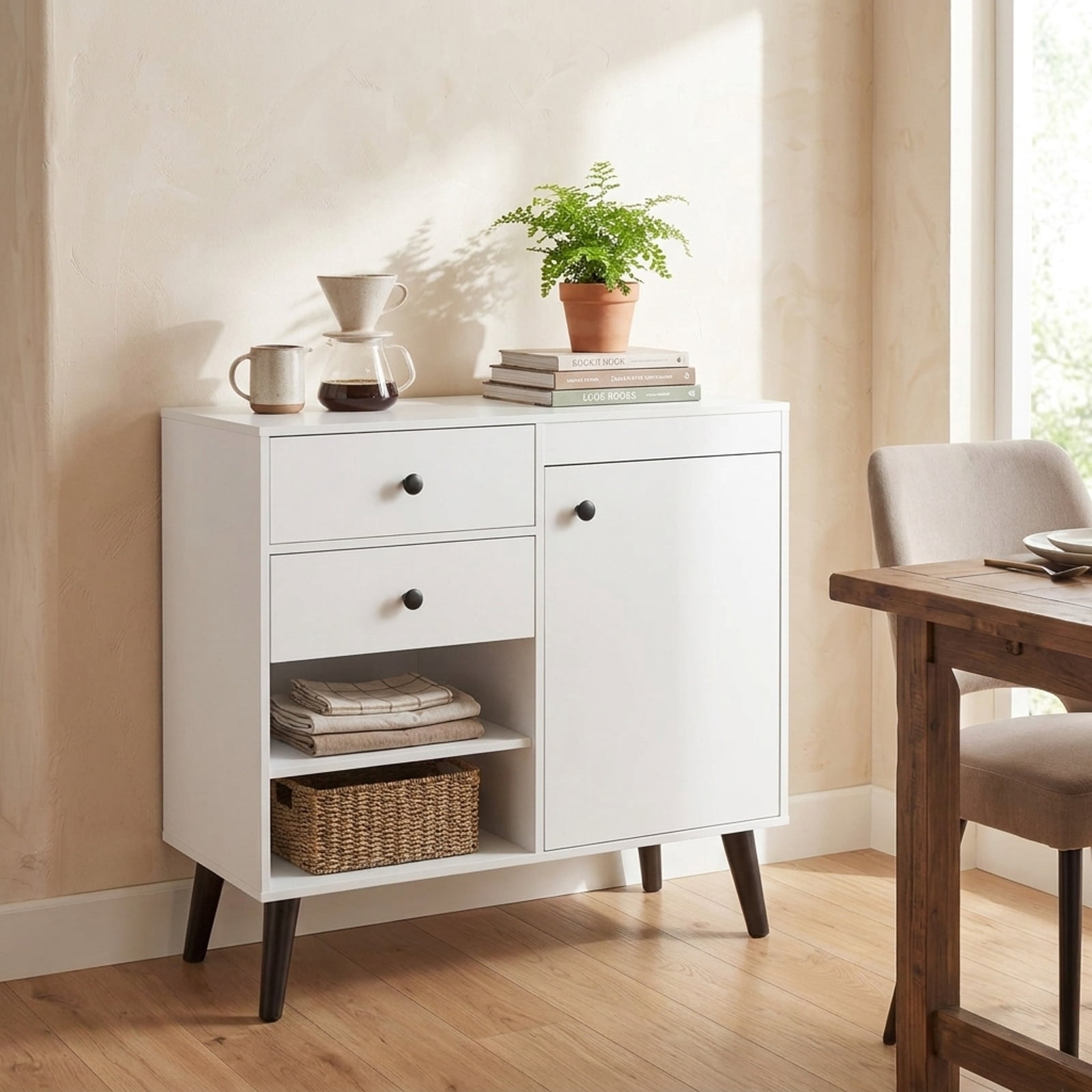 Furnibear 31" Sideboard Cabinet with 2 Open Compartments and 2 Drawers for Kitchen Dining Living Room Buffet Storage Server, White