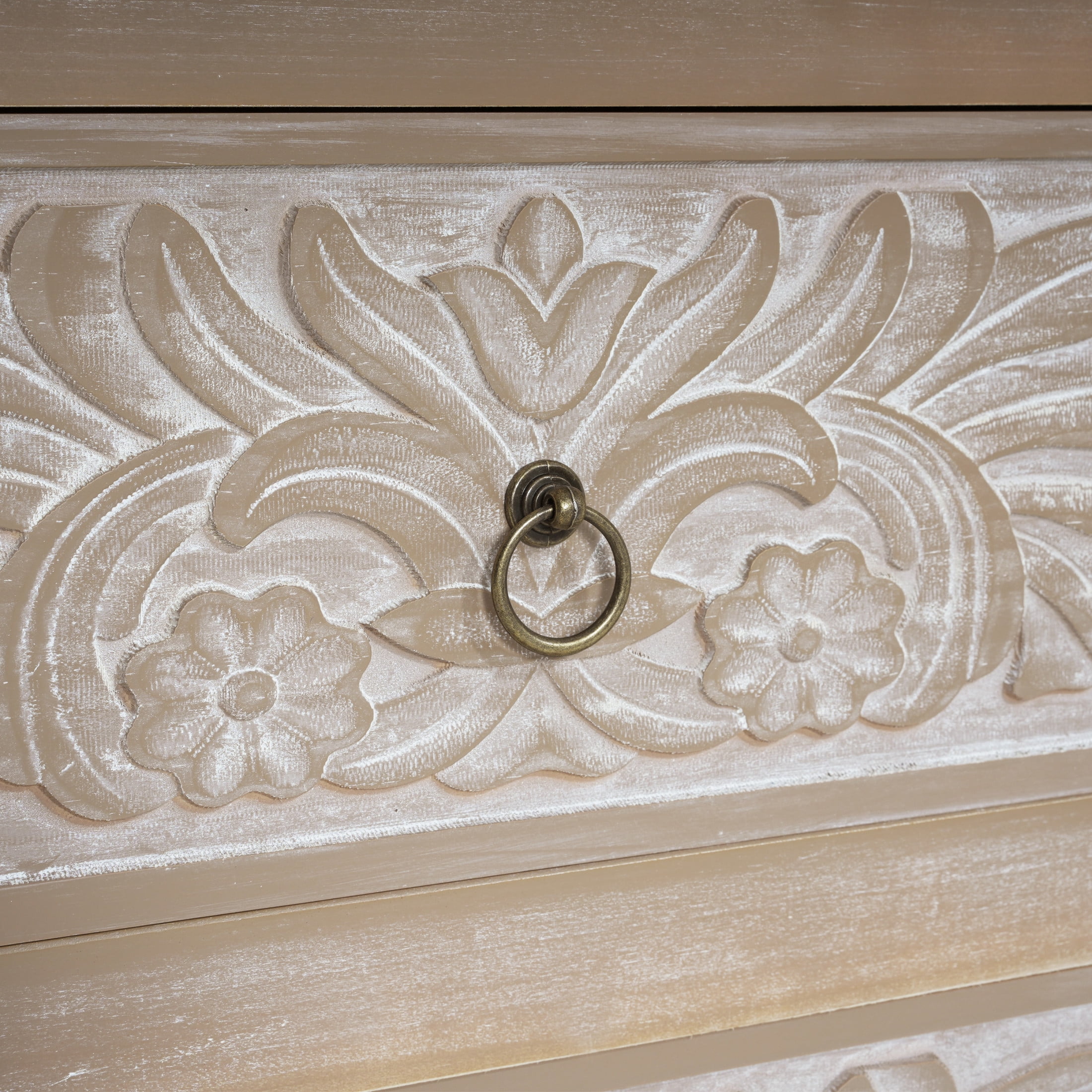 Christopher Knight Home Boho 3-Drawer Dresser with Carved Floral Front, Vintage Style, Light Ash & White