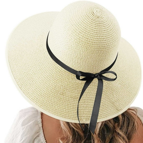 Riforla Beach Hats for Women Big Straw Wide Brim Summer Hat Floppy Foldable Roll up Cap Sun Hat Beach Hats for Women Beige