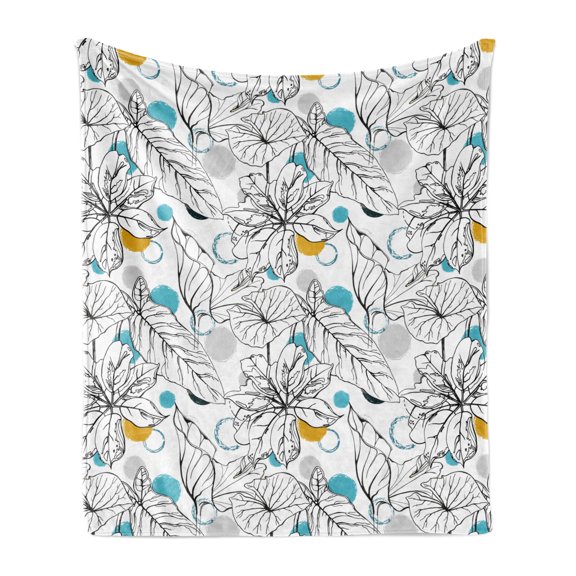 Floral Soft Flannel Fleece Throw Blanket, Paint Blots and Exotic Leaves Flower Drawings, Cozy Plush for Indoor and Outdoor Use, 60" x 80", White Blue Orange, by Ambesonne