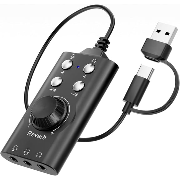 Gaming Voice Changer, USB Sound Card, Virtual 7.1 Surround Sound Voice Disguiser Device with Multi Sound Effects, Volume Control, USB 3.0/ Type-C to 3.5mm Jack, Audio Adapter for/PC/Laptop/Phone
