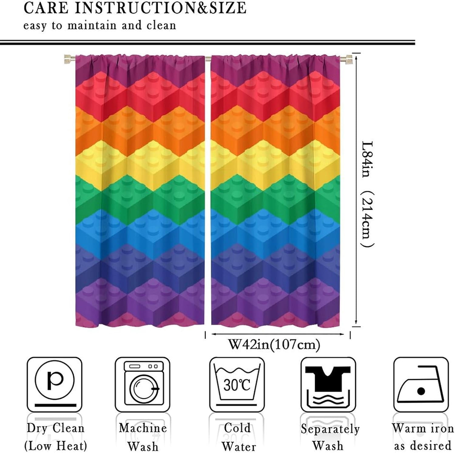 Kids Building Blocks Toy Curtains, Color Constructor Geometric Blocks Abstract Contour Colorful Plastic Brick Print Window Treatments Drapes for Bedroom Living Room 84x84in