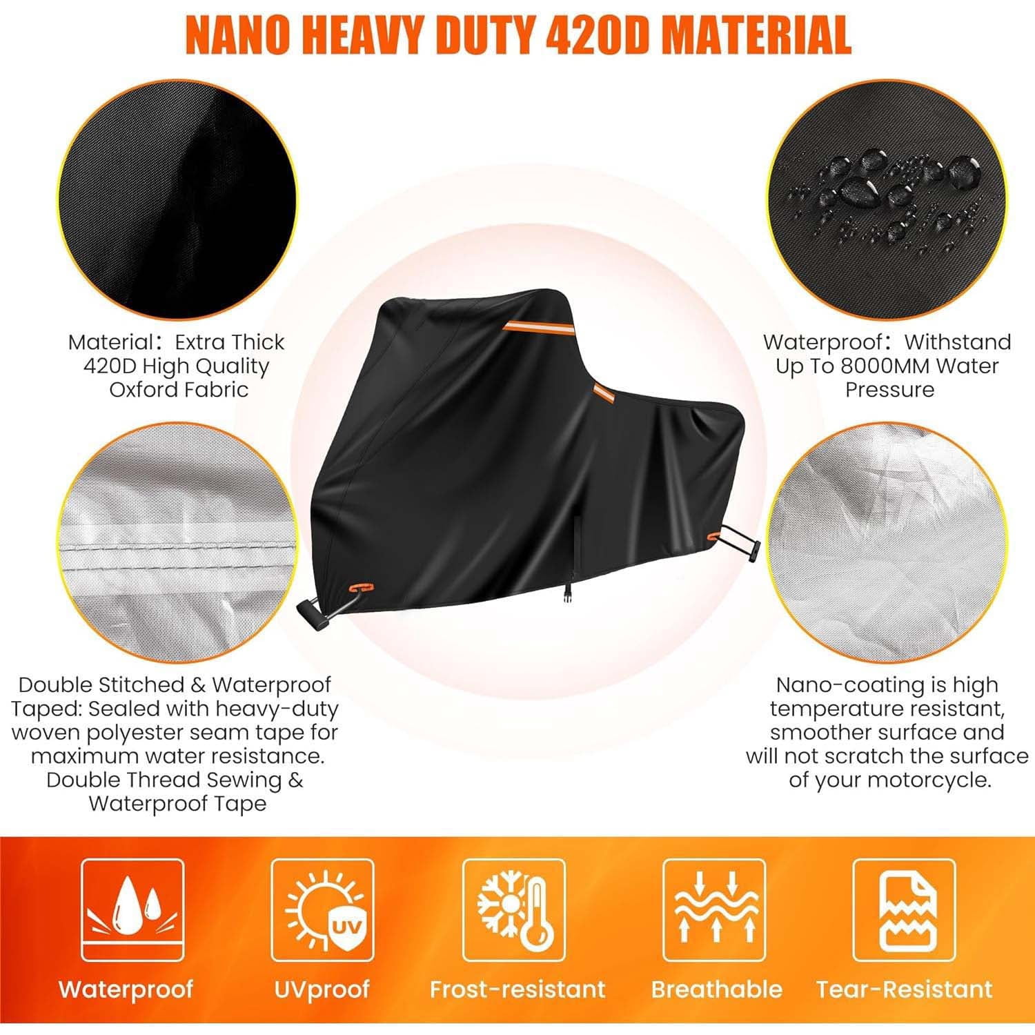 FFORCE Motorcycle Cover 420D Heavy-Duty Touring Model Waterproof UV-Resistant Outdoor Protective Cover Black XL - 110.24 x 37.8 x 54.33 inch
