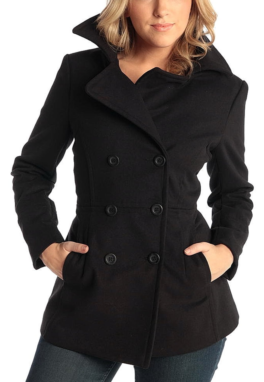 Womens Double Breasted 2-Button Windproof Trench Coat Wool Blend Pea Coats Outwear