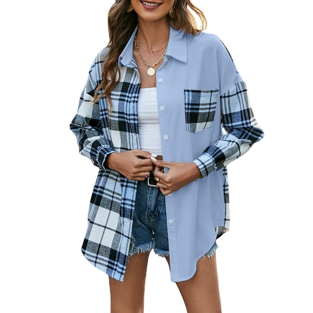 Women Plaid Jacket Long Sleeve Turn-down Collar Button Closure Tops Outwear