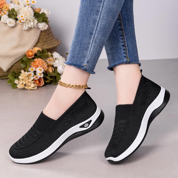 Women's Woven Orthopedic Breathable Soft Shoes Arch Support, Diabetes Foam Shoes Walking Anti-Skid Sports Shoes(Black, 5.5)