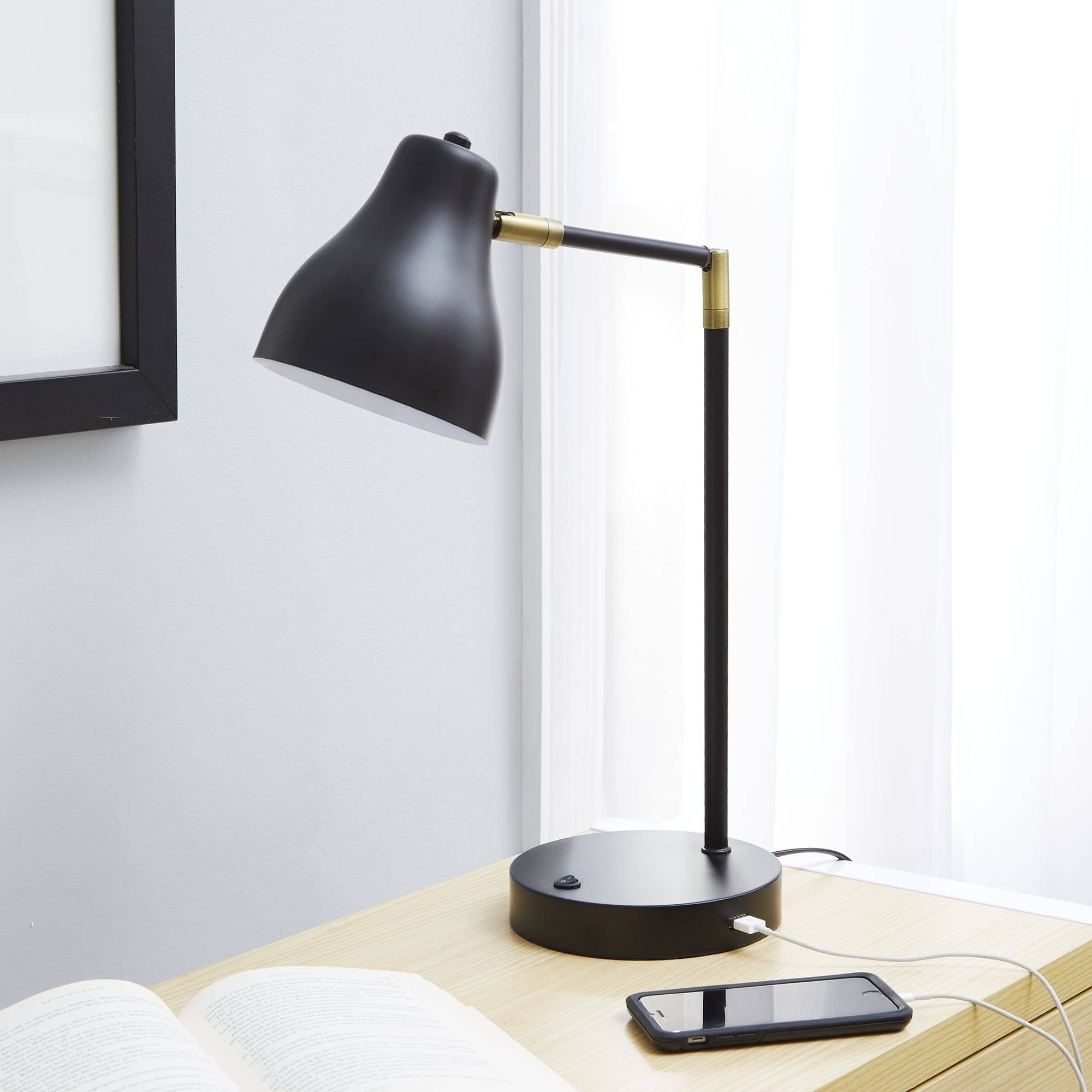 Better Homes & Gardens Linear Metal Office Desk Lamp with LED Bulb and USB Port, Black
