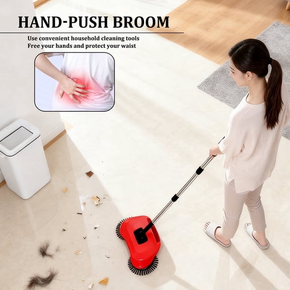 Hand-Propelled Rotating Broom - Long Handle, Red for Carpet & Hard Floor Home Cleaning