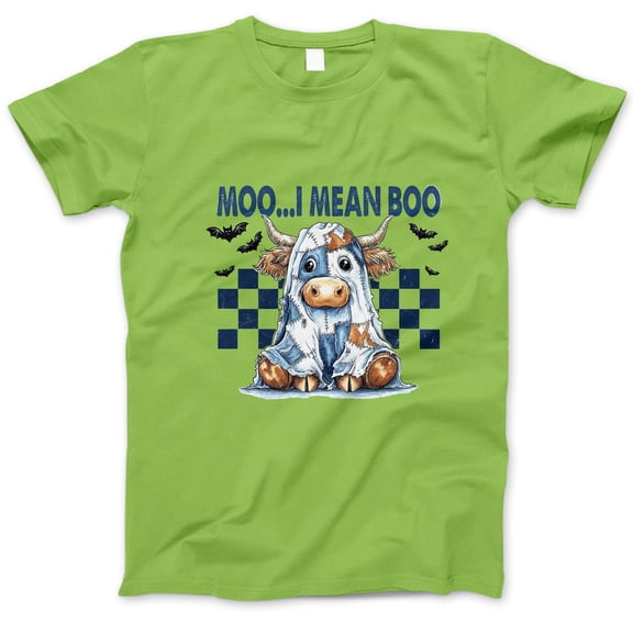 Moo I Mean Boo Cow Halloween T-Shirt, Funny Highland Cow Ghost Costume Tee, Blue Patchwork Cow Graphic Shirt, Cute Farm Spooky Gift