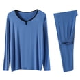 thumbnail image 3 of Swuxness Men 2 Piece Set Pajama Long Sleeve Crew Neck Top Straight Pants Solid Color Warm Homewear, 3 of 5