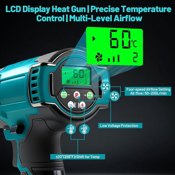 Cordless Heat Gun with LCD Display, Fast Heating Hot Air Gun Kit with 2×21V Batteries & 3 Nozzles, 60°C–540°C Adjustable Temperature, Portable Heat Gun for Shrink Tubing, Crafts, Paint Removal,