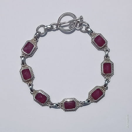 Devika Fine Jewelry 925 Sterling Silver Sundance Stepwise Ruby pink Chalcedony Gemstone Link Bracelet For men and women – Elegant Rectangular Design with Toggle Clasp, 7.5 Inches