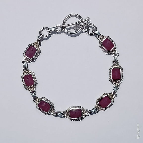 Devika Fine Jewelry 925 Sterling Silver Sundance Stepwise Ruby pink Chalcedony Gemstone Link Bracelet For men and women – Elegant Rectangular Design with Toggle Clasp, 7.5 Inches