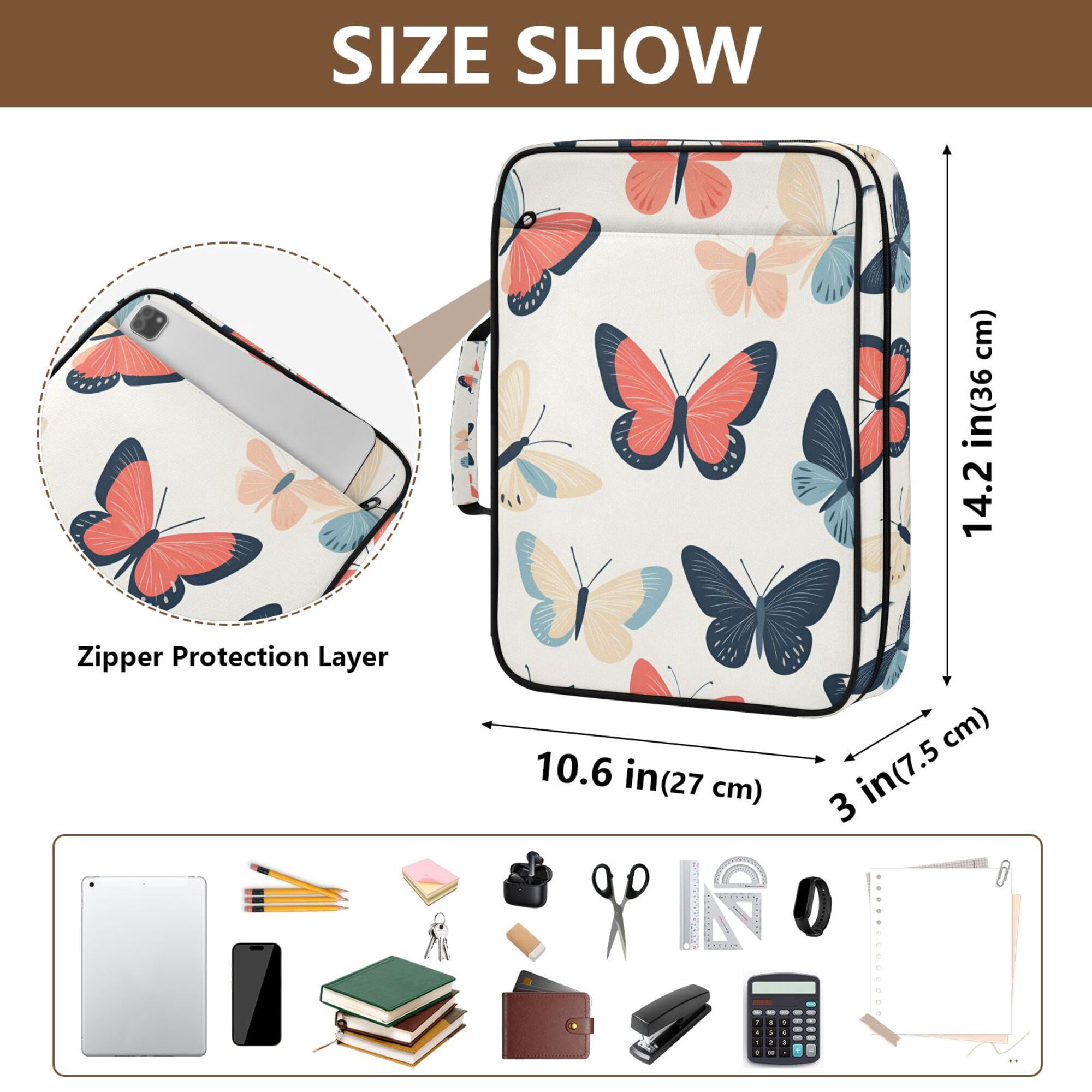 FORMRS Accordion File Folder A4 Size 7-Pocket Expanding Document Organizer Bag with 3 Ring Binder, Beige Butterflies