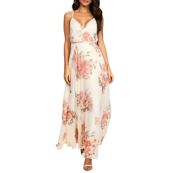 hirigin Womens Slip Long Dress Large Swing Slit Flower Print Tie-up Casual Suspender Dress