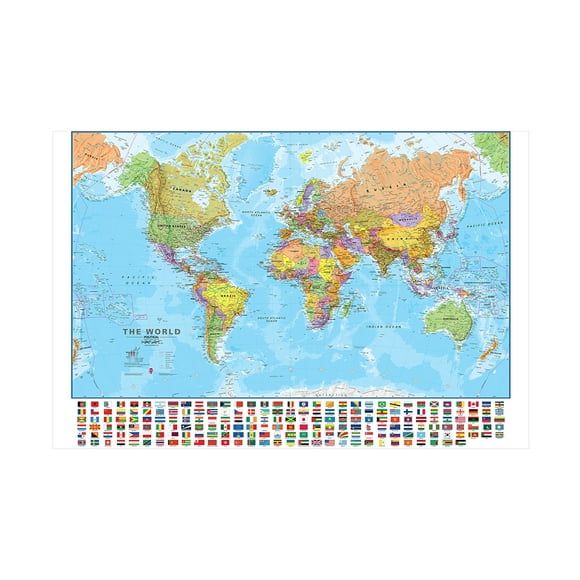 WCIC – Grande Carte du Monde Politique, Toile de Fond avec Drapeaux, Décoration Éducative, Sans Cadre, 60x40cm