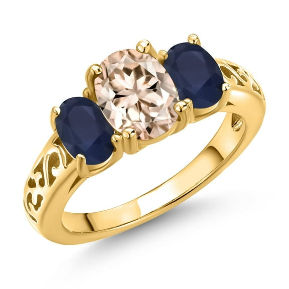 Gem Stone King 18K Yellow Gold Plated Silver Peach Morganite and Blue Sapphire Filigree Style 3 Stone Ring for Women (2.11 Cttw, Oval 8X6MM and 6X4MM) (Size 7)