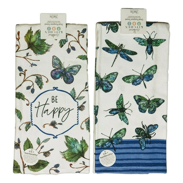 Set Of 2 OUTDOOR BEAUTIES Butterflies Terry Kitchen Towels By Kay Dee
