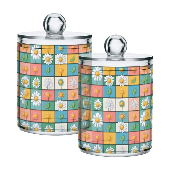 Yayeee 2 Pack Qtip Holder Bathroom Cotton Swab Canister with Lid Clear Dispenser Set, Daisy Mosaic