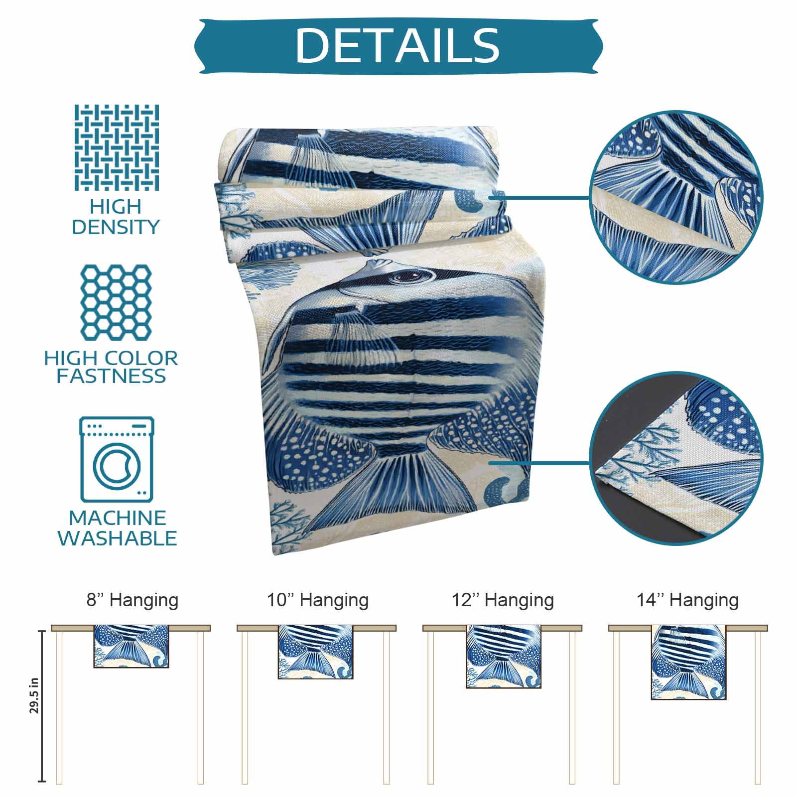 Blue Yellow Ocean Table Runner Cotton Linen 60 Inch Holiday Dresser Scarves, Summer Coastal Stripe Fish Coral Tablerunner for Kitchen Coffee Dining Bedroom Living Room Dinner Scarf Décor 13''x60''