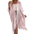 thumbnail image 2 of Women Summer Loose Shawl Cardigan Solid Color V-neck Half Sleeve Blouse Tassels Hem Mid-length Beach Bikini Cover-Up, 2 of 7