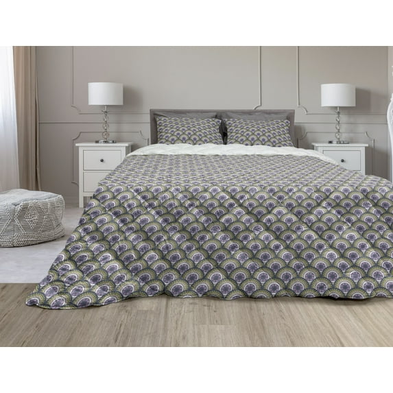 Circle Pattern Comforter & Sham Bedding Set, Repetitive Doodle Graphic with Geometrical Colorful Wavy Structure Print, 3 pcs Duvet Set Microfiber Filling Quilt, 5 Sizes, Multicolor, by Ambesonne