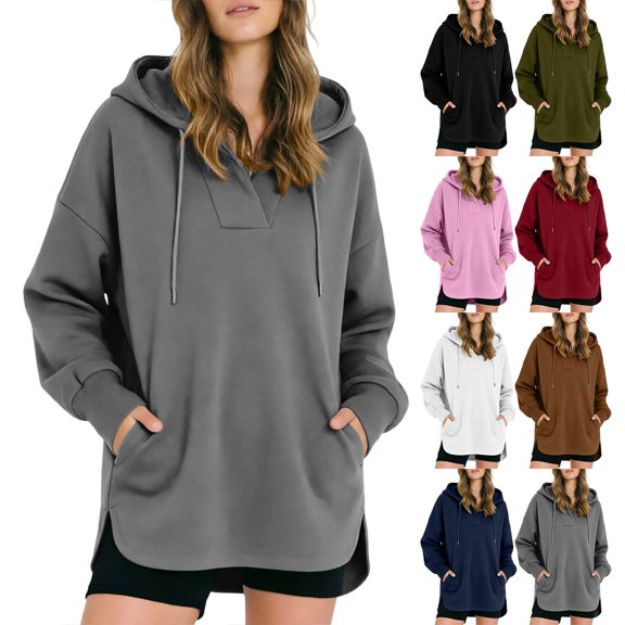 Smsaxvxz Women's Hooded Sweatshirts 2026 Fall Fashion Long Sleeve Pullover Tops Loose Fit Winter Clothes Gray M