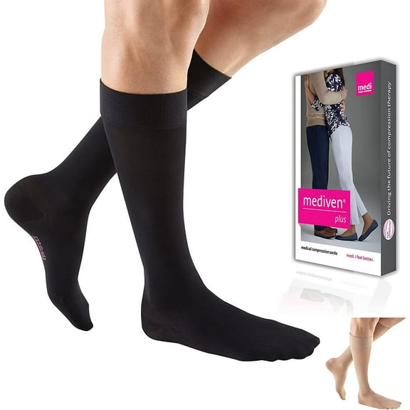 mediven plus for Men & Women, 20-30 mmHg Calf High w/Silicone Top Band Closed Toe Compression Stockings, Black, V (Extra Wide)-Standard