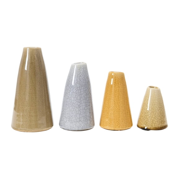 Main Mesa Conical Stoneware Bud Vases in Crackle Glaze, Beige/Mustard Tones, Set of 4