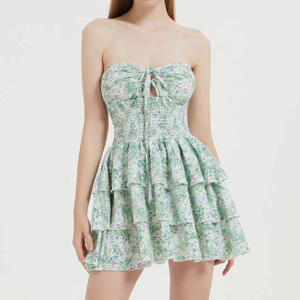 Falda Vestido de fiesta para damas Estampado floral Dobladillo con volantes Espalda descubierta Ahueca hacia fuera Traje de vacaciones Cgtredaw Verde M para Mujer