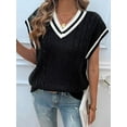 thumbnail image 5 of Oversized Sweater Vest for Women V Neck Cap Sleeve Cable Knit Vest Loose Striped Pullover Tank Tops Black XL, 5 of 7
