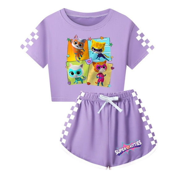 Kids SuperKitties Clothing Set – Girls Short Sleeve T-Shirt and Shorts – Cute Cartoon Cat Summer Look
